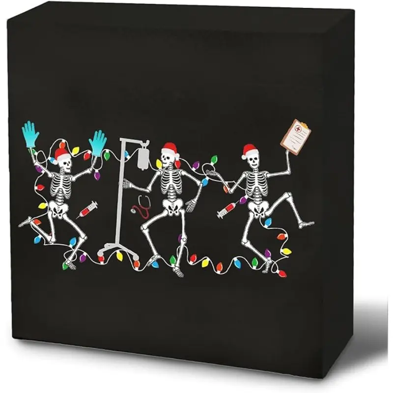 Skeleton Christmas Decor, Funny Dancing Christmas Skeleton Wooden Box Sign, Funny Christmas Signs, Christmas Xmas Decorations for Home Office Table Shelf Tabletop Decor, 5x5 Inch