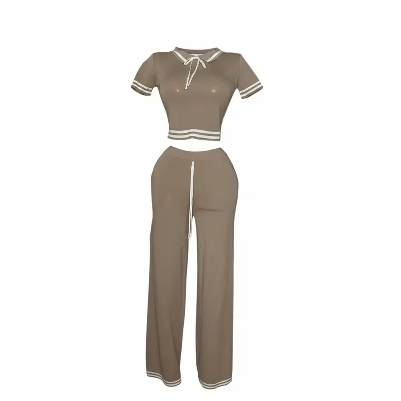 Beige Set - Women's Stylish 2-Piece Outfit with Short Sleeve Top and Wide-Leg Pants for Casual Wear