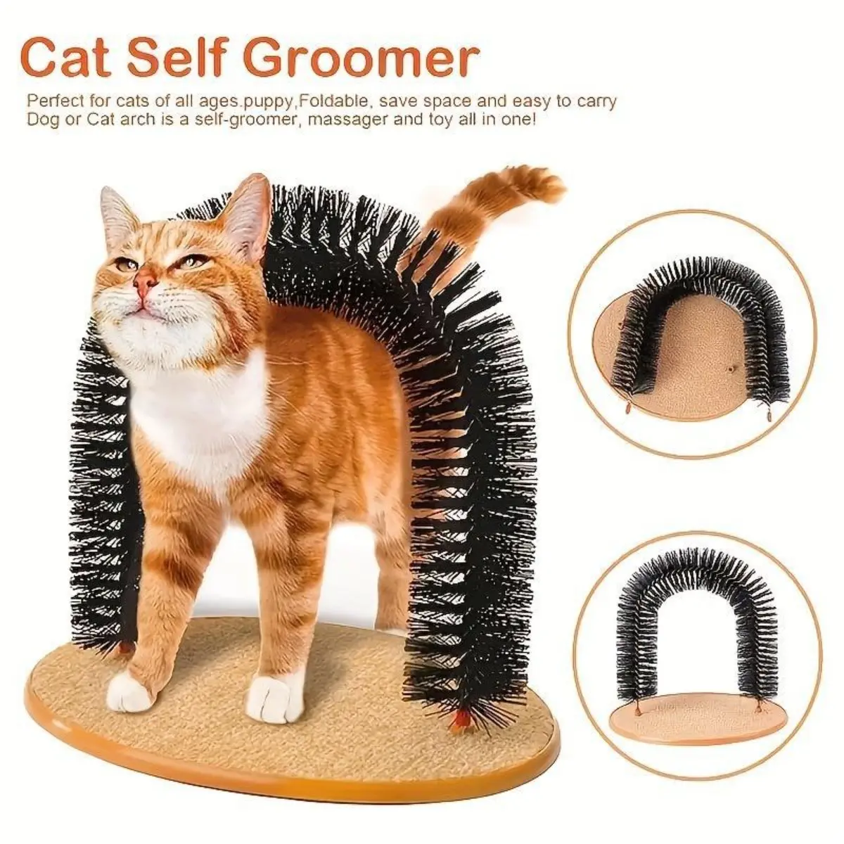 Freestanding Arched Corrugated Cardboard Cat Scratcher Board - Furniture Safe, with Brush & Massage Bristles, Non-Slip Base, Self-Grooming Toy, Compact Lightweight, Easy to Move, for Indoor Kitty Lifestyle