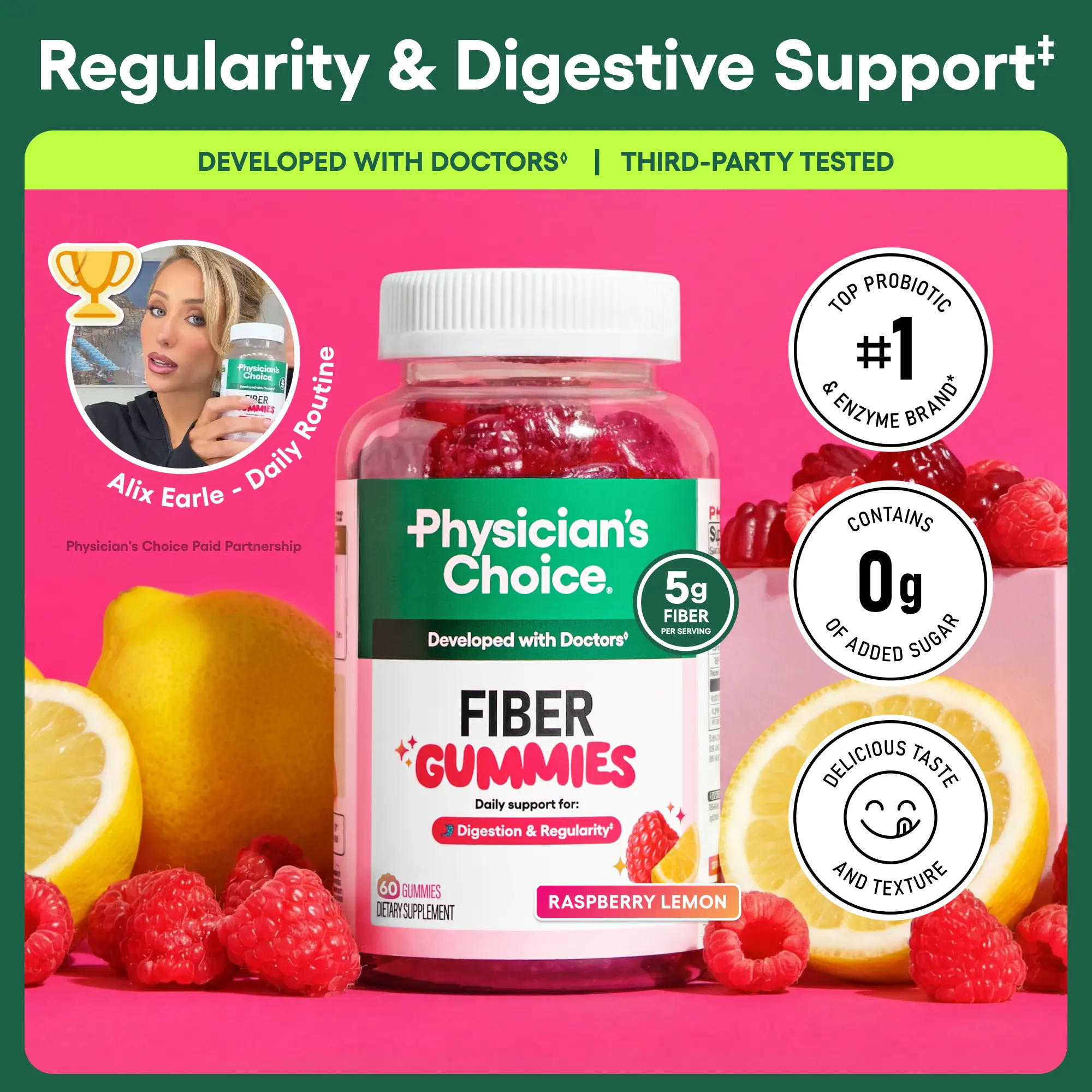 Physician’s Choice Fiber Gummies for Digestive Health & Regularity - Raspberry Lemon Flavor - No Sugar Added & Vegan - Daily Gummy for Adults