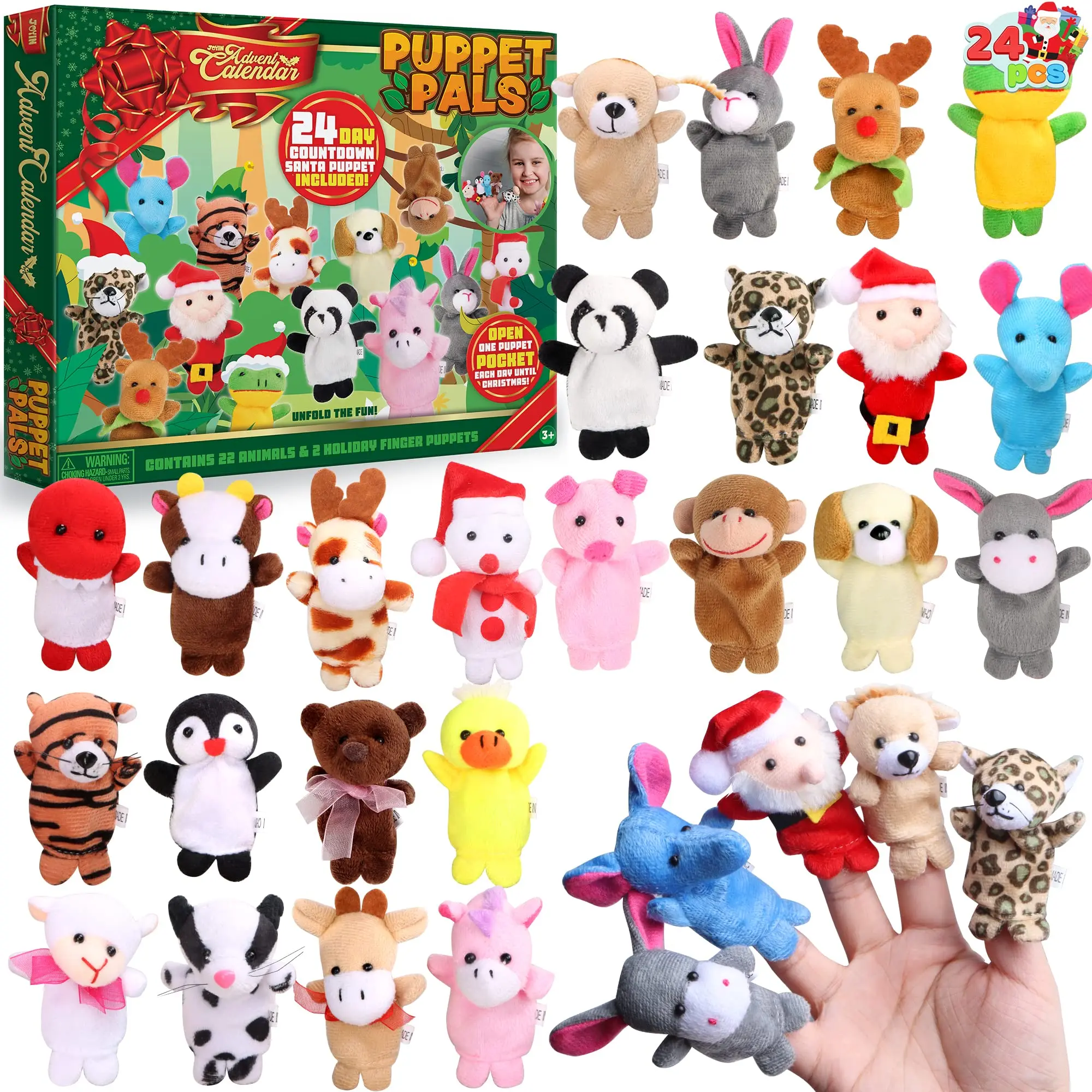 2025 Christmas Advent Calendar with Finger Puppets,24 Days Christmas Countdown Advent Calendar with Plush Animal Finger Puppets for Girls Kids Party Favors,Classroom Prizes Xmas Party Favor Gift