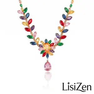 LisiZen 2026 Gold Plated Colorful Flower Necklace and Earrings Set, Multicolor Crystal Water Drop Pendant Jewelry DZXL4487