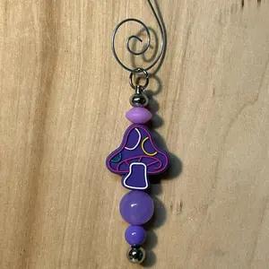 Mushroom Christmas Ornament with Purple Beads and Silver Spiral Hook for Festive Decor