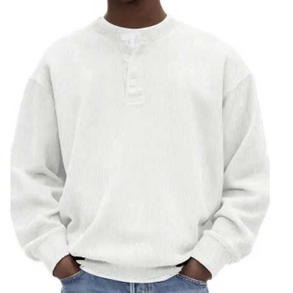 Men's Solid-Color Loose Henley-Collar Long-Sleeve Corduroy Pullover - Autumn/Winter Knitwear, Figure-Flattering, Bulge-Concealing, Ideal for Driving, Camping