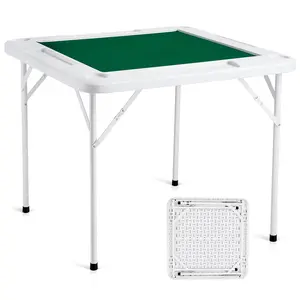 VEVOR Mahjong Table, 4 Player Folding Domino Table with Wear-Resistant Green Tabletop, Portable Square Card Table with 4 Cup Holders & 4 Chip Trays for Mahjong Poker Puzzles, 35.4 x 35.4-inch