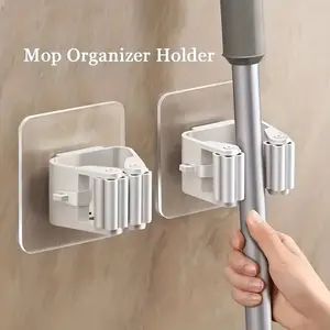 2pcs ABS mop storage rack, seamless wall mounted mop clip, no need for drilling installation, strong adhesive bathroom storage hook, Bathroom Accessories Organizer, Space Saving Organizer
