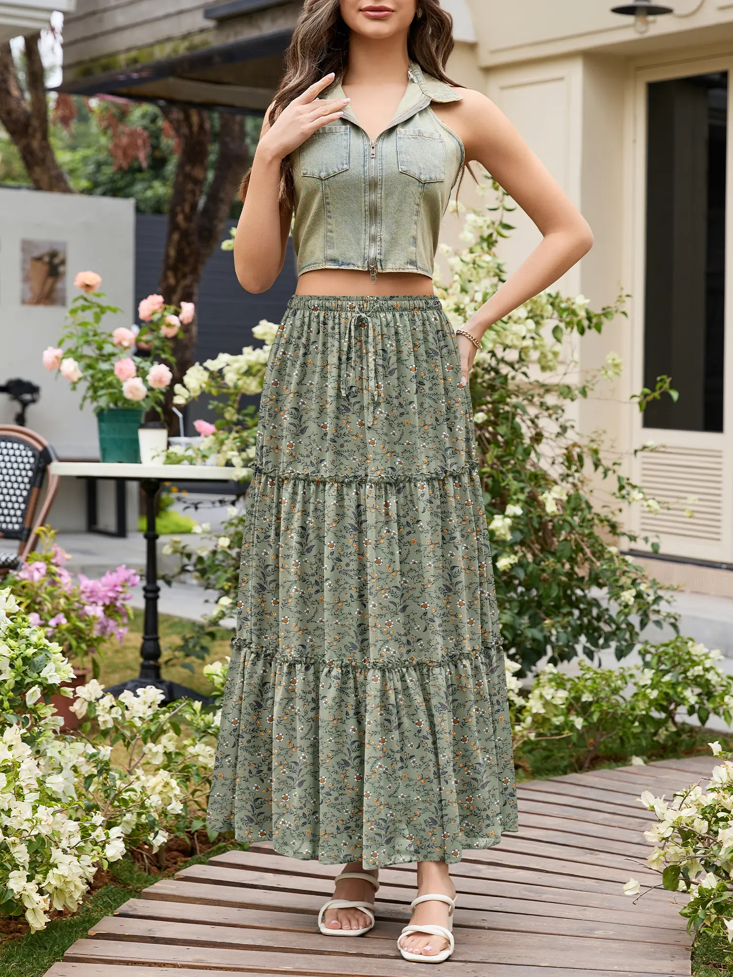 CYiNu summer outfits Women's High Waisted Floral Tiered Chiffon Maxi Skirt Boho Flowy A Line Long Skirt for Summer Classic skirt style plus size flowy long skirts floral maxi skirt elegant lightweight lace trim petticoats design casual daily wear
