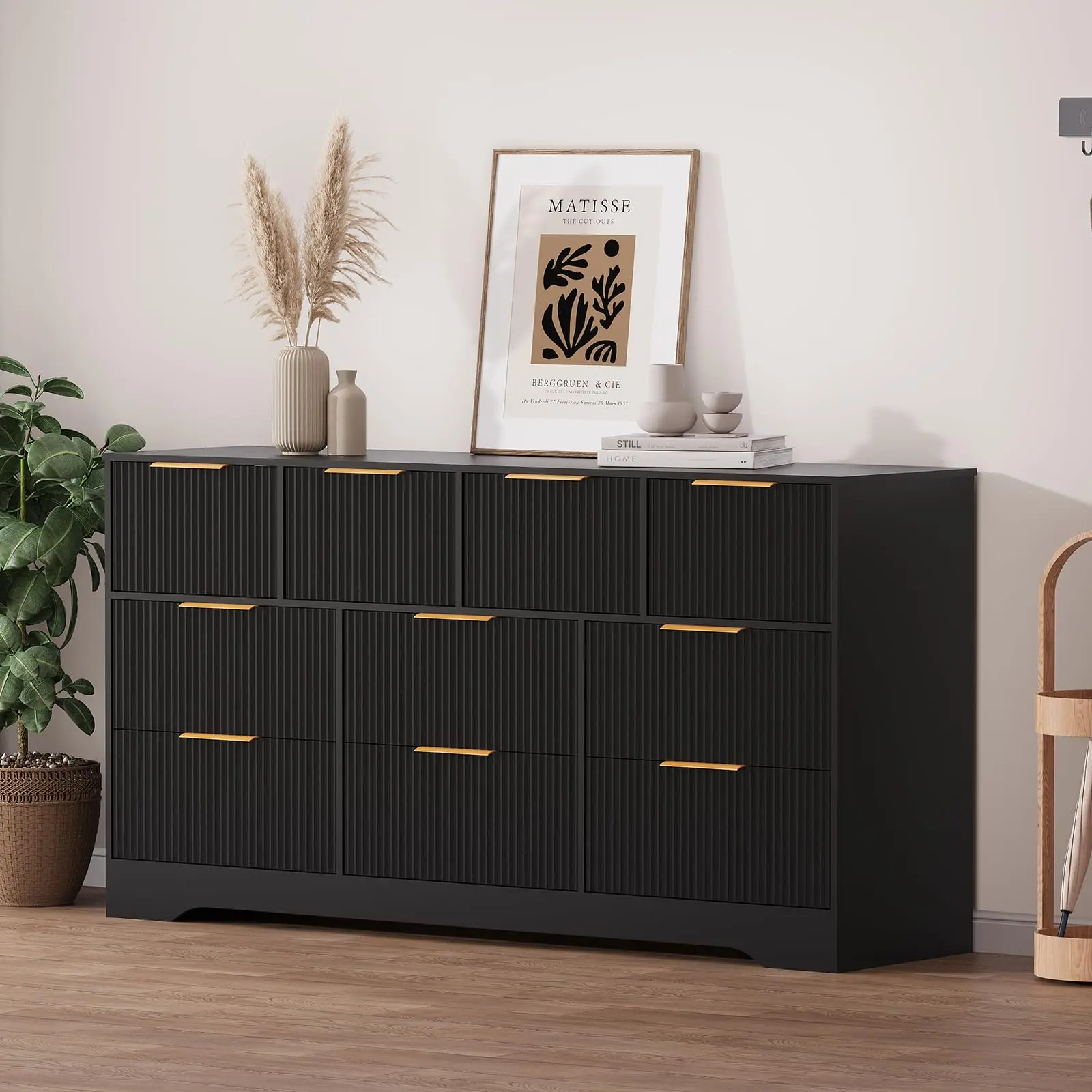 Garvee Fluted 9 Drawer Dresser for Bedroom, 59-Inch Wide Modern Wooden Chest of Drawers with Organizer Storage, Perfect for Living Room and Bedroom Use