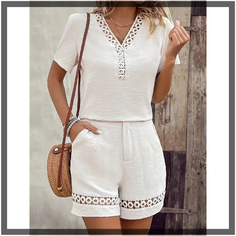 V-Neck Solid Color Polyester Jumpsuit - Women's Casual All-Season Woven Outfit with Contrast Lace Detail - 100% Polyester