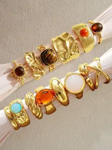 14pcs Vintage Bohemian Punk Chunky Asymmetrical Geometric Design Sunflower Colorful Crystal For Women, Suitable For Holiday, Date, Party, Daily Wear, Photo Shoot, Versatile, Bohemian Stackable Rings (No Box)
