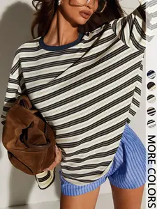Women's Classic Casual Striped Long Sleeve Spring Fall Round Neck Fitted Top, Versatile Stripes Design, Perfect for Daily Wear, Everyday