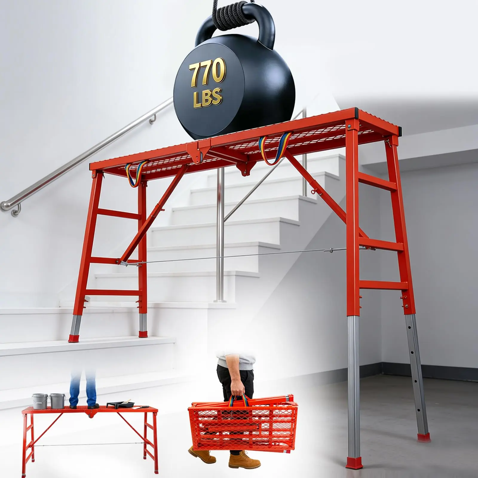Maeklon Heavy Duty Portable Folding Ladder - Welded Steel Work Platform (70.8x15.2x36.2-62 in), 770 Lbs Capacity, Tool-Free Adjustable Height, Anti-Slip Construction, Advanced Safety Features, Ideal for Painting, Wiring, Heavy Duty Ladder