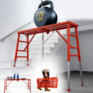 Maeklon Foldable Scaffolding Platform, 70.8x15.2x36.2-62 Inch Welded Steel Work Platform, 770 Lbs Capacity, Adjustable Height Industrial Step Ladders, Ideal for Painting, Wiring and Home Decor, Red