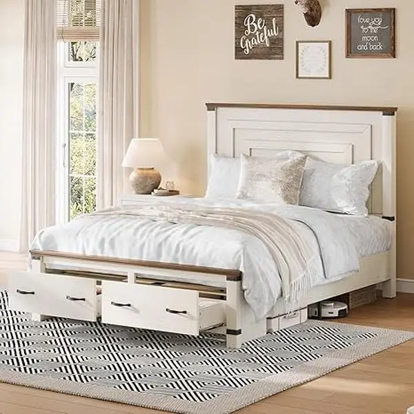 [SummerSale]VanAcc Farmhouse Bed Frame with 54" Tall Geometric Headboard & Footboard, Rustic Wood Platform Bed Frame with Large Storage Drawers, Wood Slats Support, No Box Spring Needed