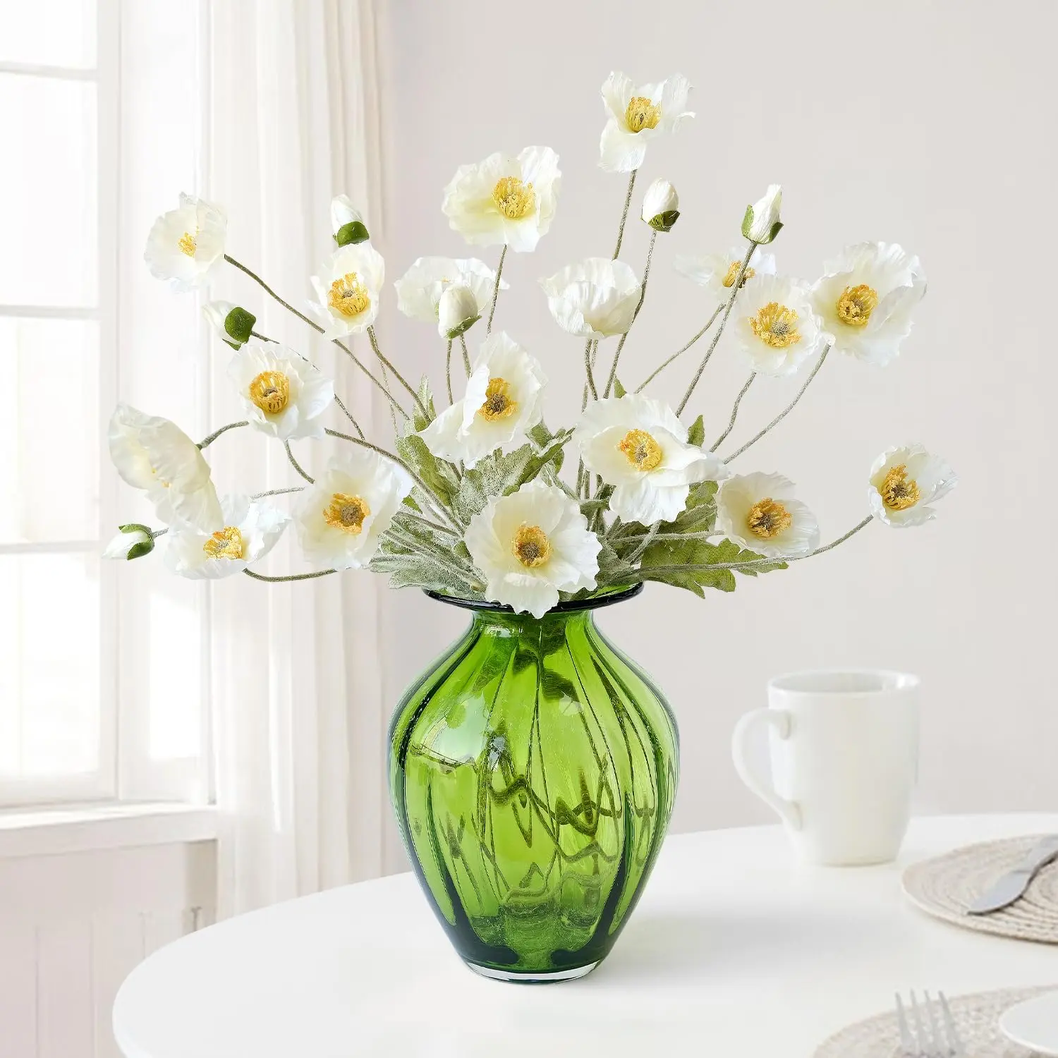 6pcs Lifelike Blooms Decorative Faux Poppies Bouquet Pack, Long-Stem White Silk Artificial Flowers for Room Accents, Wedding Arrangements, Long Stems