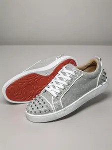 Men's Silver Glitter Fabric Studded Casual Skate Shoes, Footwear, Cool Luxury Style, Glitter Fabric + Stud Decoration + Orange Sole Contrast, Unique Texture, Ideal for Daily Outfits & Leisure Outings, Sports Shoes