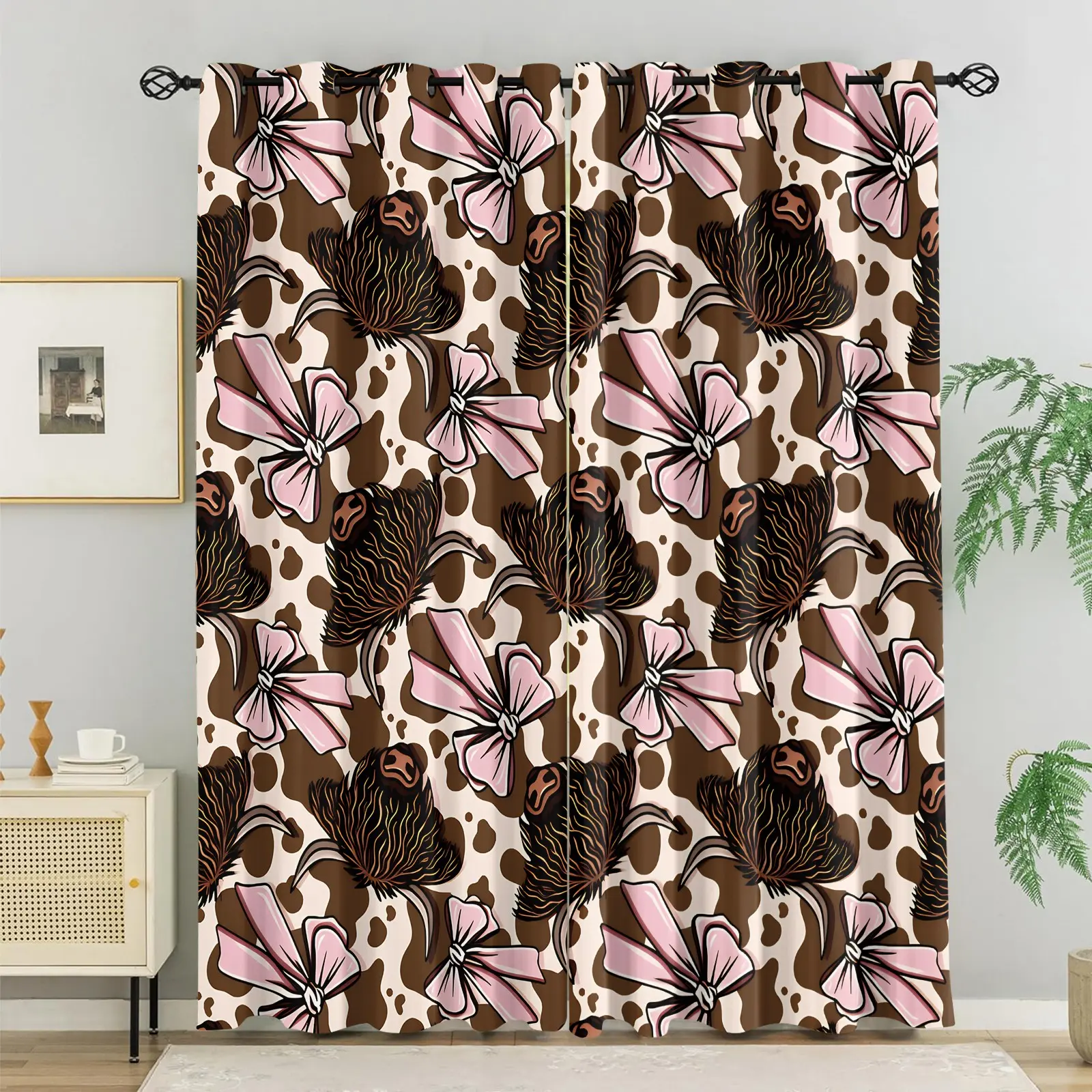 Highland Cow & Pink Bow Cow Print Blackout Privacy Grommet Curtains - Breathable Polyester, 85% Light Blocking, Noise Reducing, Thermal Insulated, Cute Western Style Window Drapes for Girls Bedroom, 2 Panels