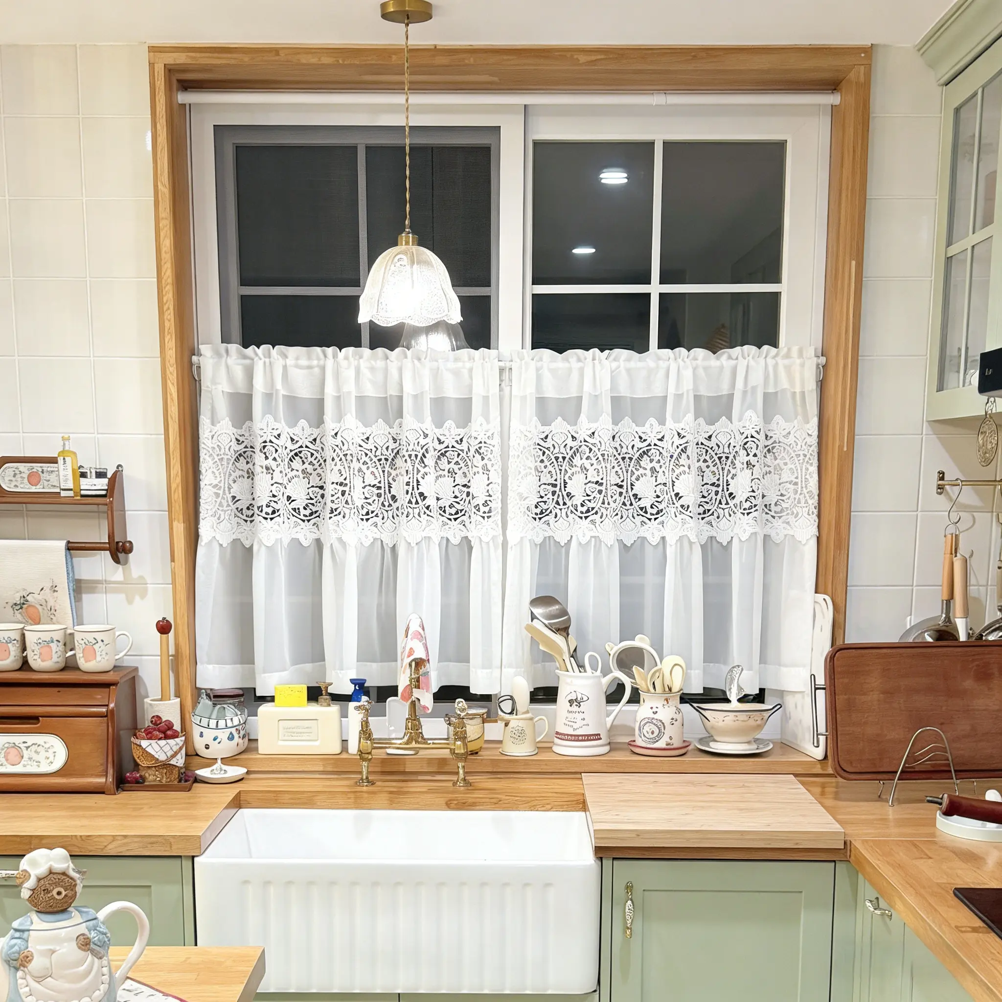 1PC American Country Style White Low Iron Window Curtain - Elegant Hollow Floral Lace Style Easy Install Cafe Valance, Soft Light Filter Princess Aesthetic Rod Pocket Top (W79xL27.5in) for Kitchen, Curtains for Bedroom