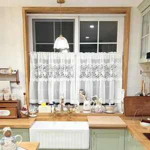 1PC American Country Style  White Kitchen Curtain Elegant Hollow Floral Embroidery Cafe Curtain Valance for Bathroom Bedroom Rod Pocket Top (W79 x L27.5 inches)