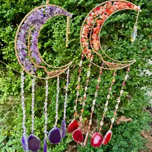 Crystal Crescent Moon Wire Wrapped Sun Catchers| Crystal Chips| Agate Slabs| Sun Catcher Pendants