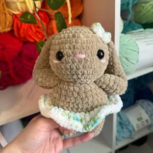 Handmade Crochet Tan Bunny with Blossom Skirt