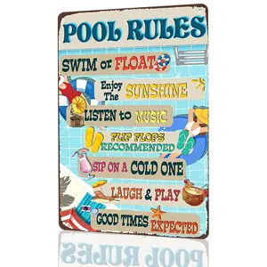 Pool Rules Swim or Float Colorful Aluminum Metal Sign - 8x12 Inch Retro Poolside Wall Decor for Backyard Pool, Patio, Home Bar & Summer Outdoor Area - Fun Gift for Pool Owners, Summer Lovers & Beach House Decor Enthusiasts
