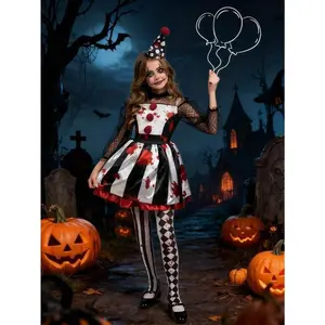 HalloweenClownCostumeForGirls,ScaryClownDressForGirls'HalloweenCosplayParty,BlackAndWhiteBloodyJesterDress