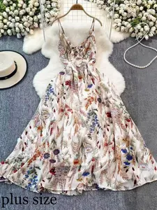 Plus Size Women's Floral Satin Dress, Strapless Waist Cinch A-Line Long Dress, European Style Vacation Dress, Summer, Casual, Beach, Date