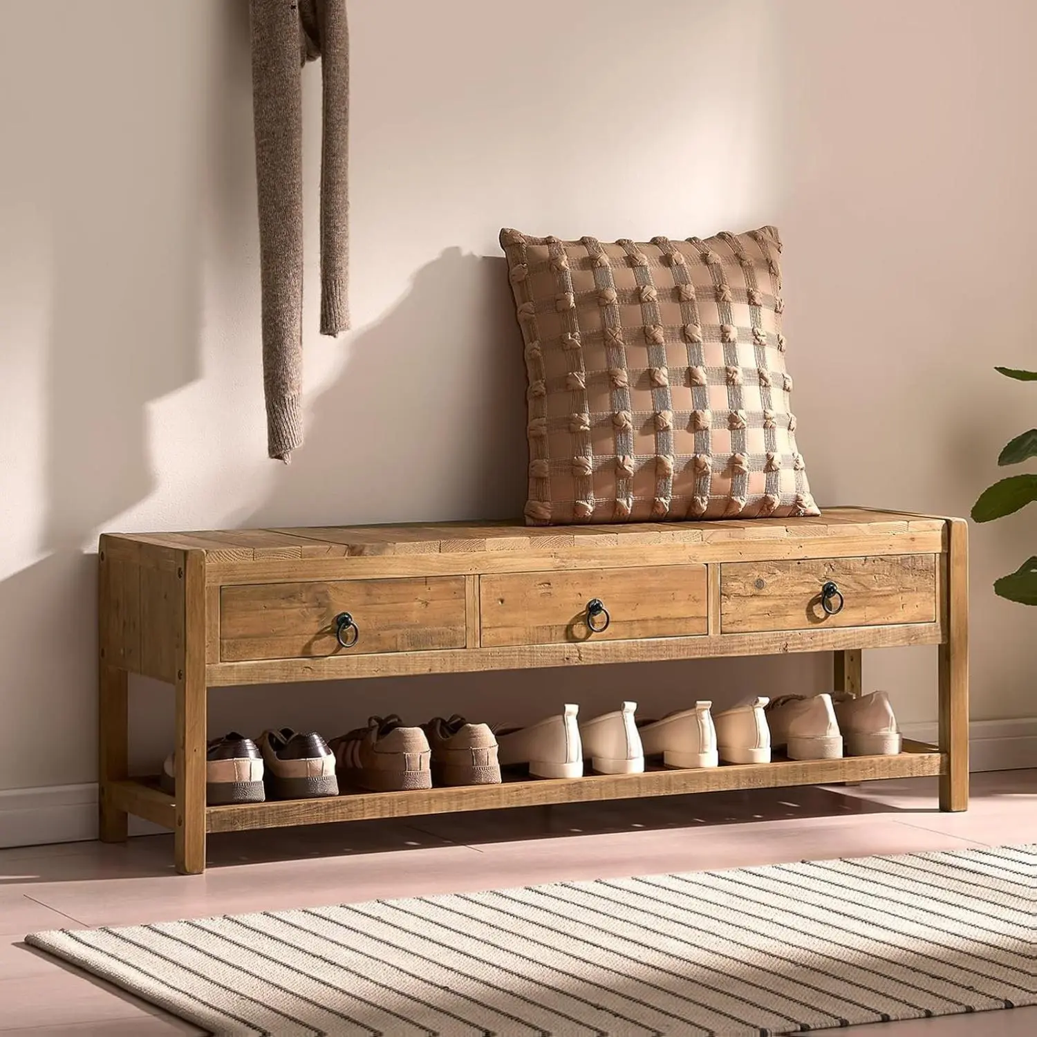 PieDle Furniture Shoe Changing Bench Reclaimed Solid Wood Benches with 2-3 Drawers & Slatted Storage Shelf, Rustic Farmhouse Long Entryway Bench Seat for Indoor, End of Bed, Living Room, Hallway, Natural Finsh