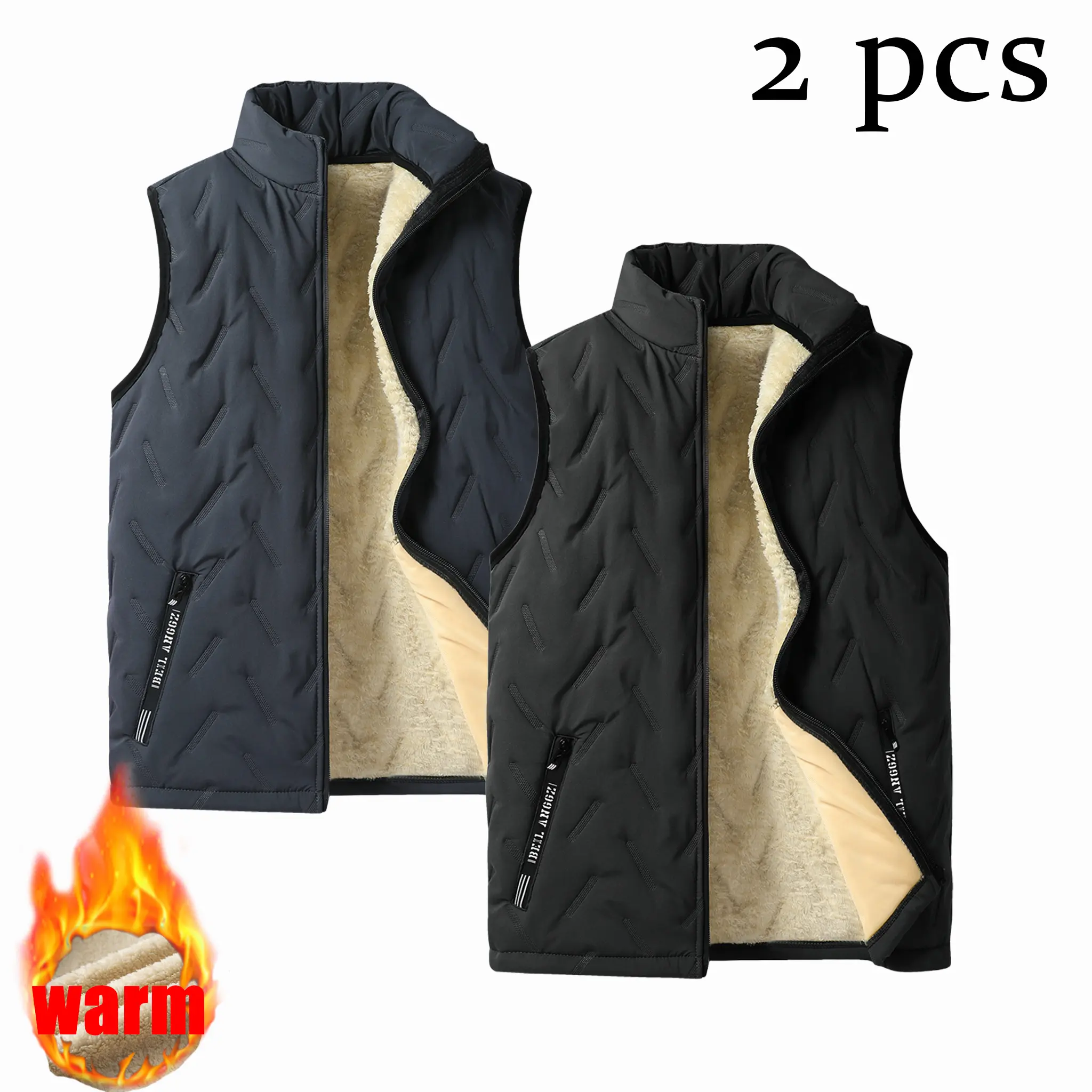 1/2 Pack Men Loose Stand Collar Thermal Waistcoat, Thick Lamb Wool Fleece Lined Warm Winter Outerwear, Soft Woven Casual Sleeveless Gilet Vest, Insulated Windproof Daily Casual Mens Tops For Cold Weather