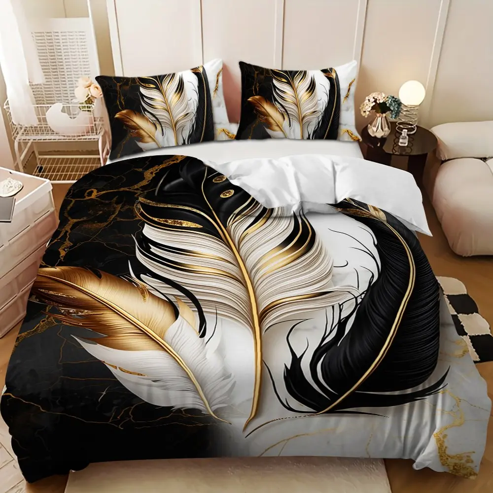 Bedding 3-piece set - Modern Bedding Set, 3PCS,Black, Gold and Silver Feather Marble Pattern Down Comforter Set (1 comforter cover + 2 pillowcases, filling not included).soft and comfortable, suitable for family bedrooms, Comfy Bedding Set