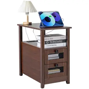VEVOR Farmhouse End Table,  Nightstand with Charging Station, 4 Tiers End Table with Storage Cabinet and 2 Drawers, Side Table with USB Ports and Outlets, Ideal for Living Room, Bedroom, Brown