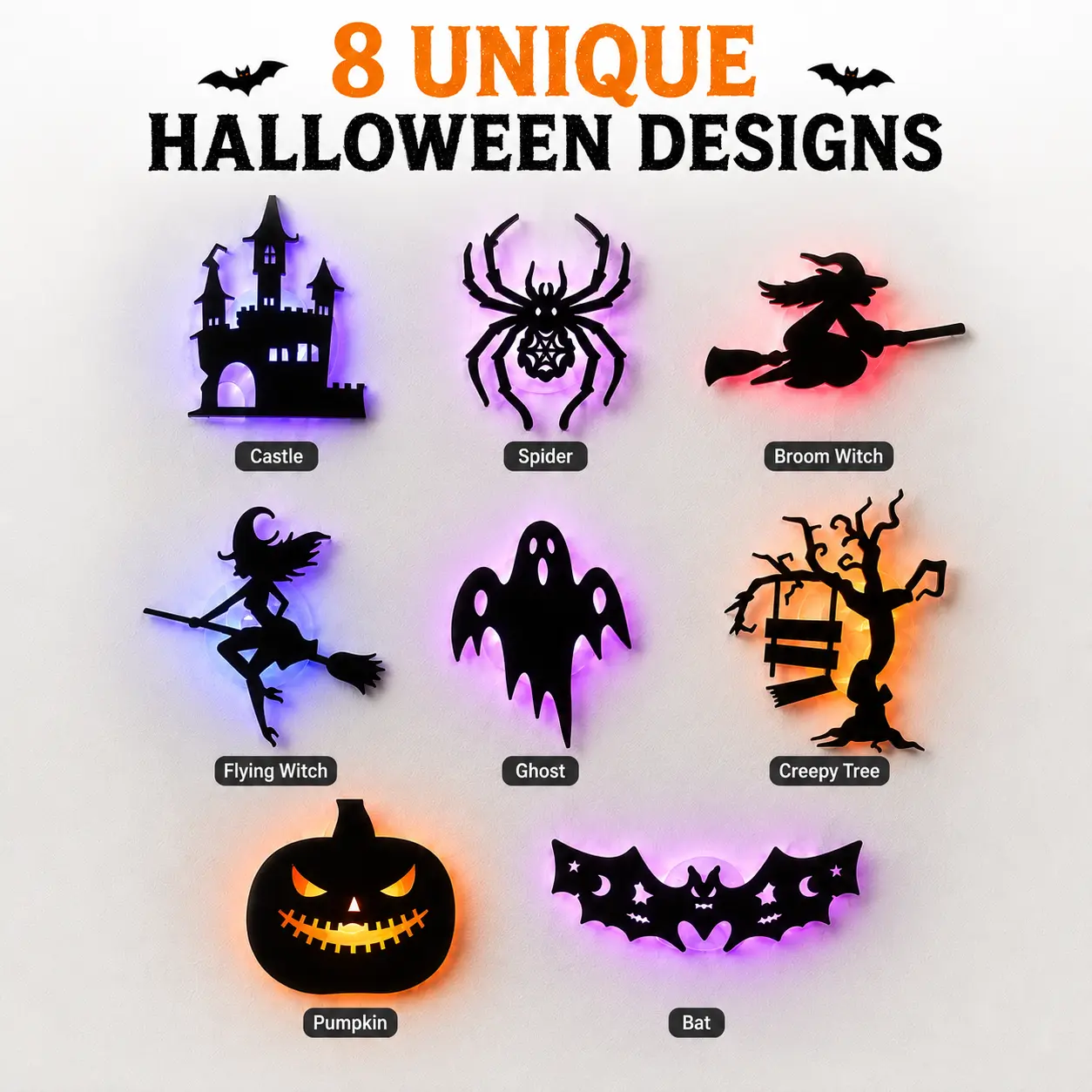 Halloween LED Silhouette Wall Light Stickers, Battery Powered Peel & Stick Decor Lights, No Drill PET Waterproof Wall Decor, Spooky Ghost Pumpkin Witch Bat Castle Spider Tree Ornaments for Home Window Door Party - MM2