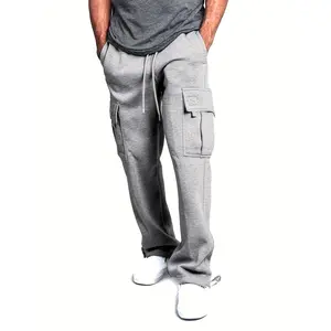 Plus Size Men's Relaxed Fit Cargo Trousers With Pockets, Oversized Casual Drawstring Pants For Big And Tall Guys