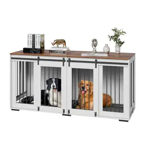 VEVOR 72" Dog Crate Furniture for 2 Dogs, Double Dog Crate Furniture with Double Sliding Doors, Large Dog Crate TV Stand with Removable Tray, Steel Frame Double Dog Crate for Small, Medium, Large Dogs White