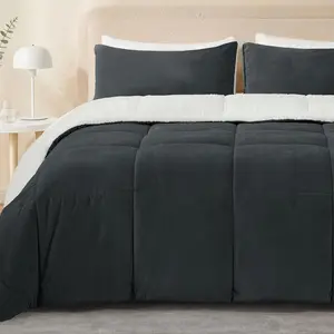 【mothersdaygift】Fluffy Sherpa Queen Size Bedding Comforter Sets Queen Comforter Set-3 Pieces Bed in a Bag Dark Grey Soft Comforter and Pillowcase Luxury Warm Bedding Set for Winter Down Fur Faux king