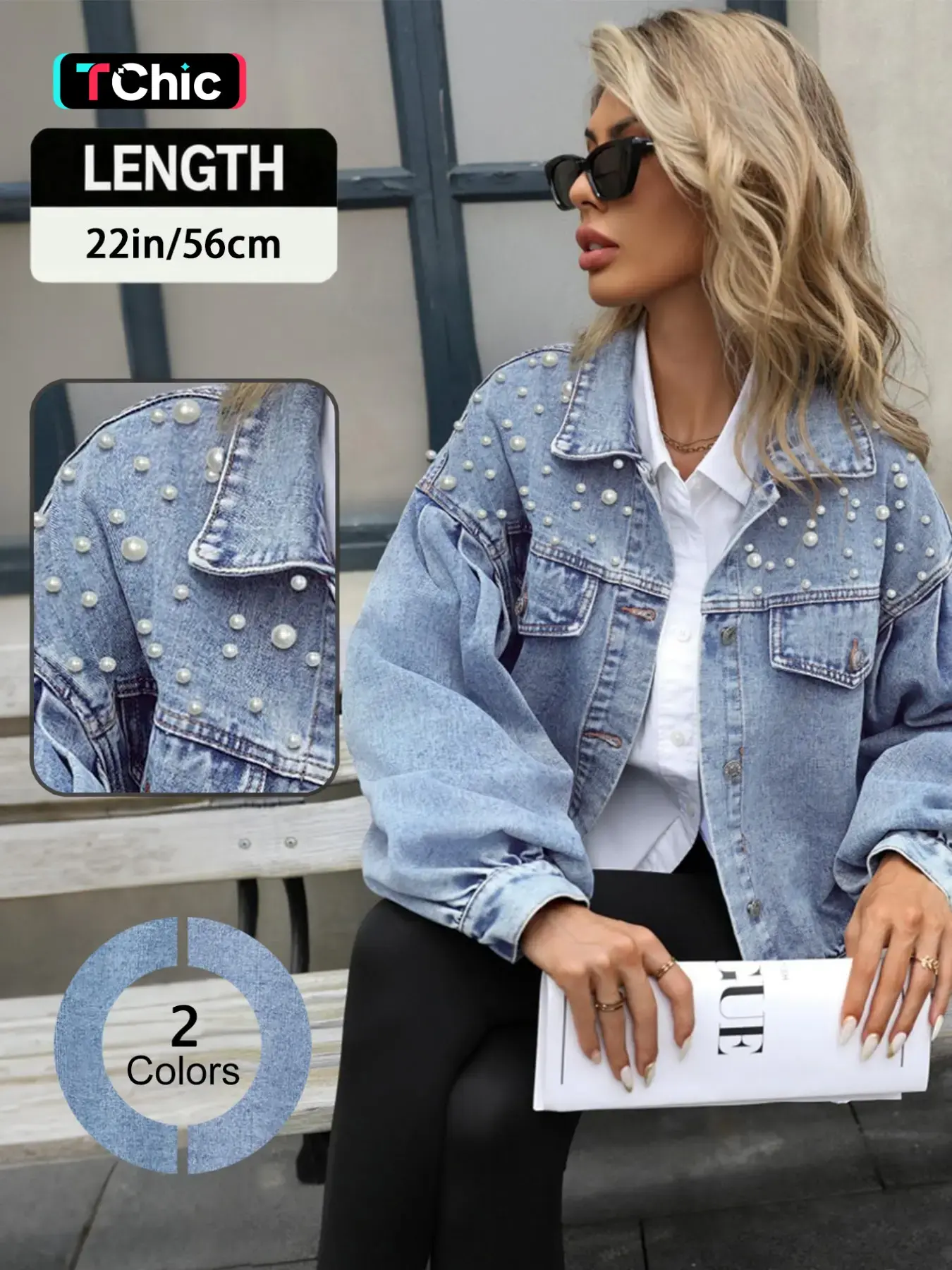 Women's Beaded Loose-Fit Collared Denim Jacket, Stylish Versatile Casual Outerwear for Everyday Wear, Fashion Jacket