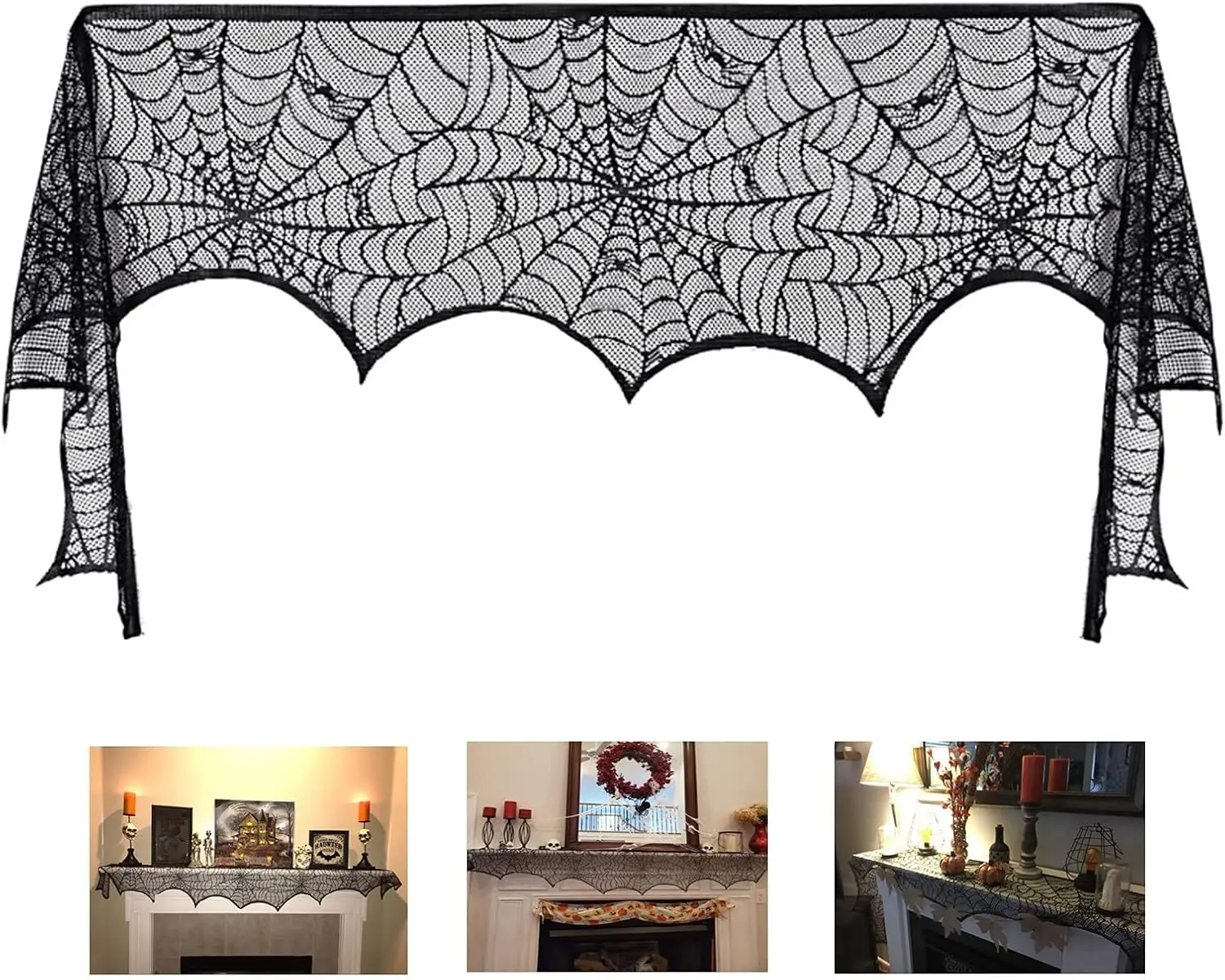 18x98 in Durable Machine-Washable Black Lace Spider Web Synthetic Fireplace Mantle Scarf - Modern Spooky Halloween Decoration, All-Seasons Home Party Supply Accessory for Buffet Hutch, Door