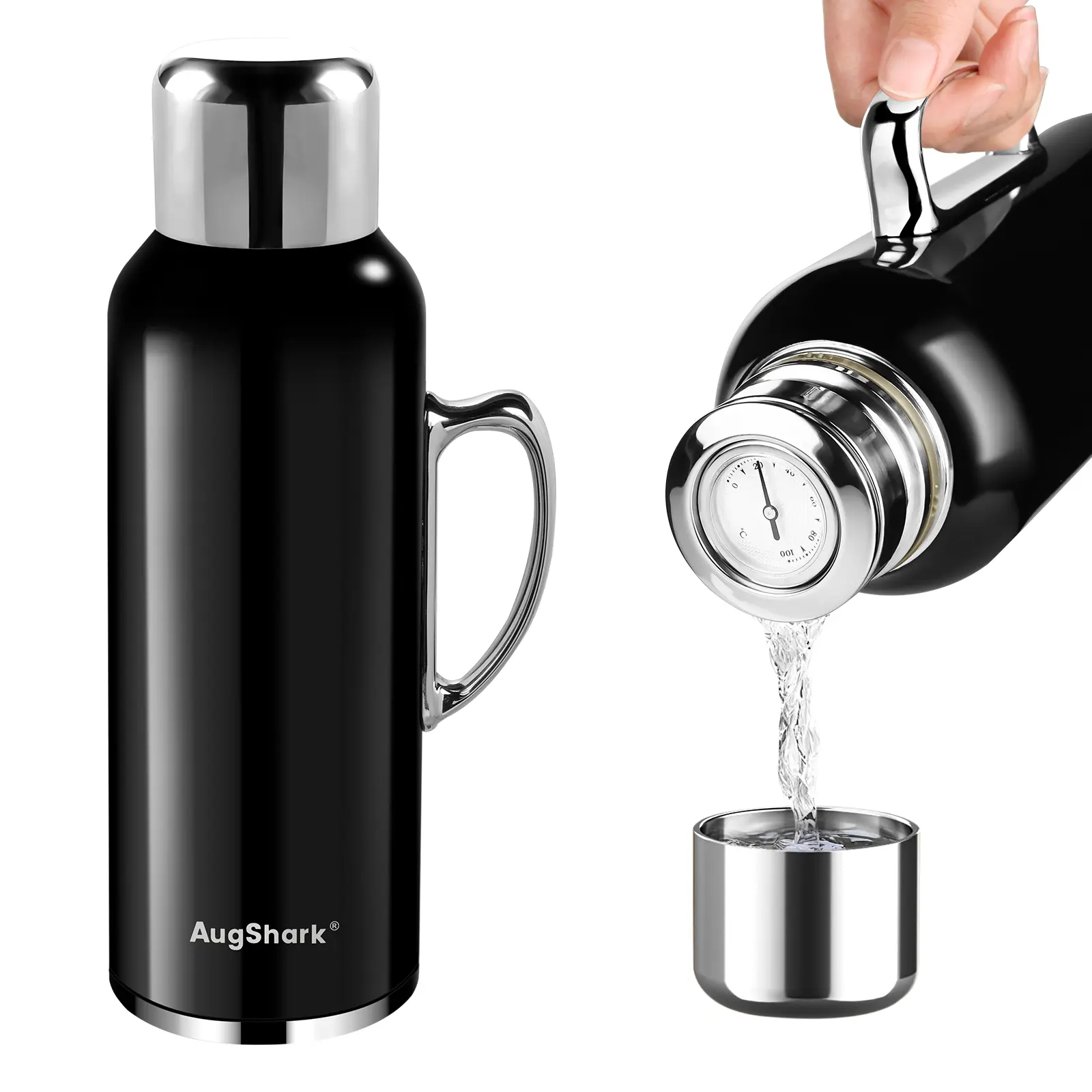 Augshark 34oz Insulated Stainless Steel Water Bottle - Portable, Leakproof Vacuum Flask with Handle, Temperature Display Lid, Stopper | For Travel, Gym | Holds Coffee, Ice Cubes, Bottled Drinks