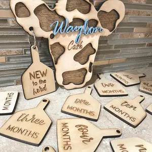 Cow Tag Baby Milestones, Baby Shower Gift, Baby Boy, Birth Announcement Sign, Engraved Wood Monthly Milestone Photo Prop, Cow Baby Name Sign