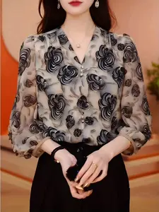 Summer Thin Soft Lightweight French V-Neck Floral Printed Chiffon Blouse, Women's Loose Fit High-Quality Seven-Sleeve Top, Casual All over Print Shirt, Womenswear