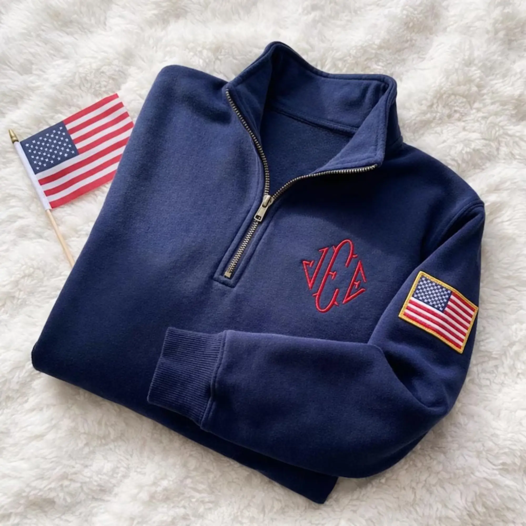 Men's Monogram Quarter Zip Sweatshirt J.E.E Embroidered USA Flag Sweater, Initials Personalized Gift for Him