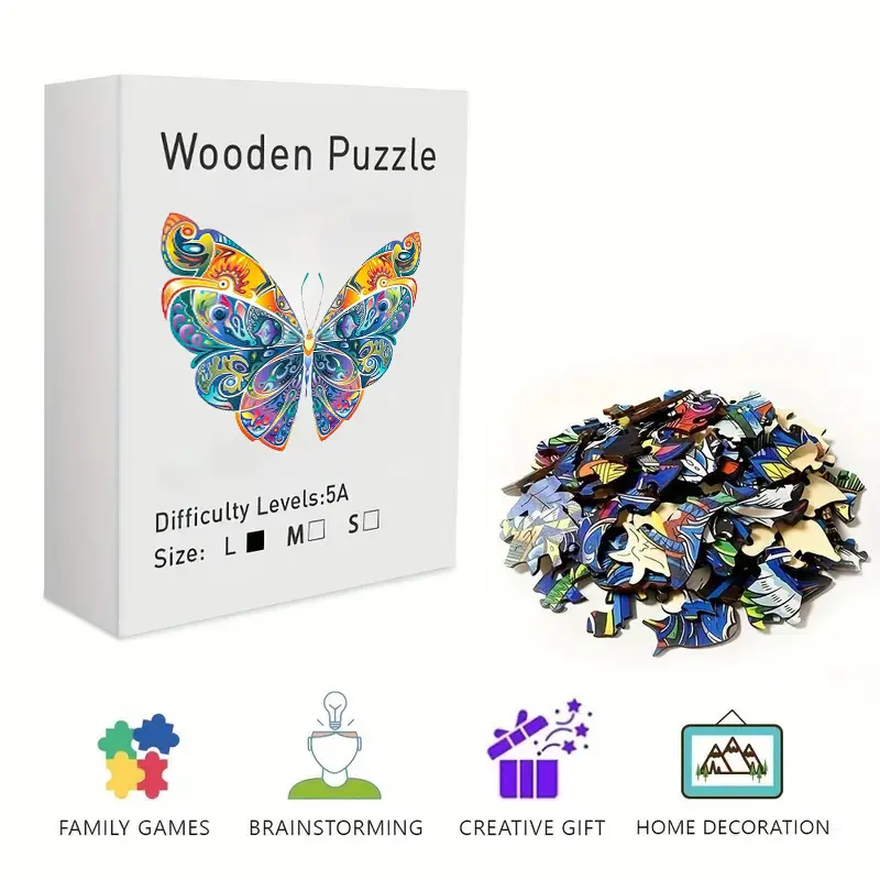 Vibrant Tribal Pattern Butterfly Wooden Jigsaw Puzzle Kit - PVC-Free, Irregular Pieces, Psychedelic Art, Observation Brain Teaser, Stress Relief, Framable Wall Art Home Decor for Adults/Kids Includes Cartoon, Jigsaw Kit, Wooden Pvc-Free