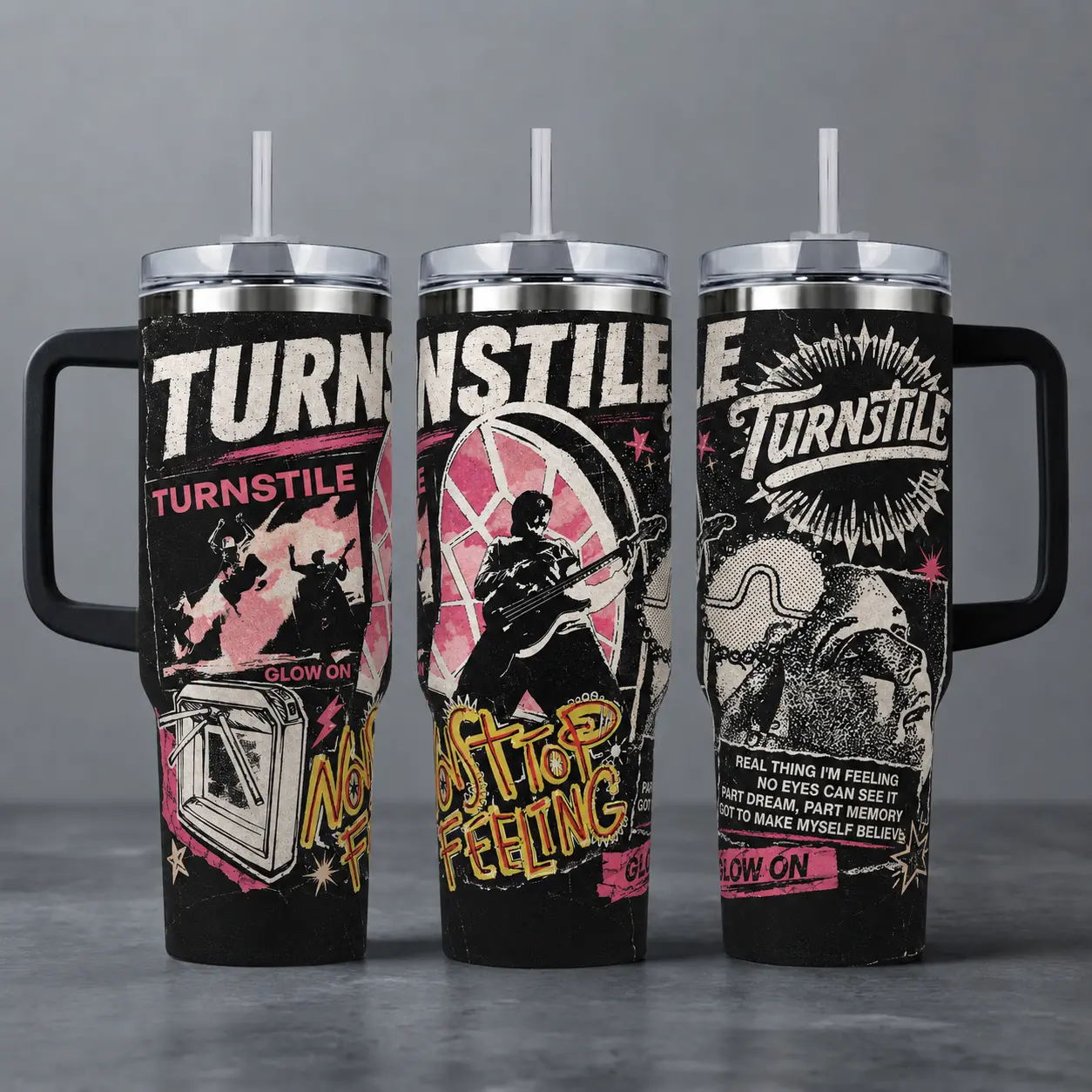 Turnstile "Glow On & NONSTOP FEELING" Hardcore Punk Rock Band Tumbler, 20oz & 40oz Insulated Travel Mug with Handle. Alternative Music Graphic Merch, Perfect Gift for Turnstile Fans