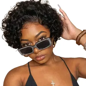 [Bling Hair]  Pixie Cut Wig Human Hair 13x1 Lace Frontal Wigs Short Bob Human Hair Wig For Women Spring Curl Natural Black Color Curly Bob Wig True Scalp Wig