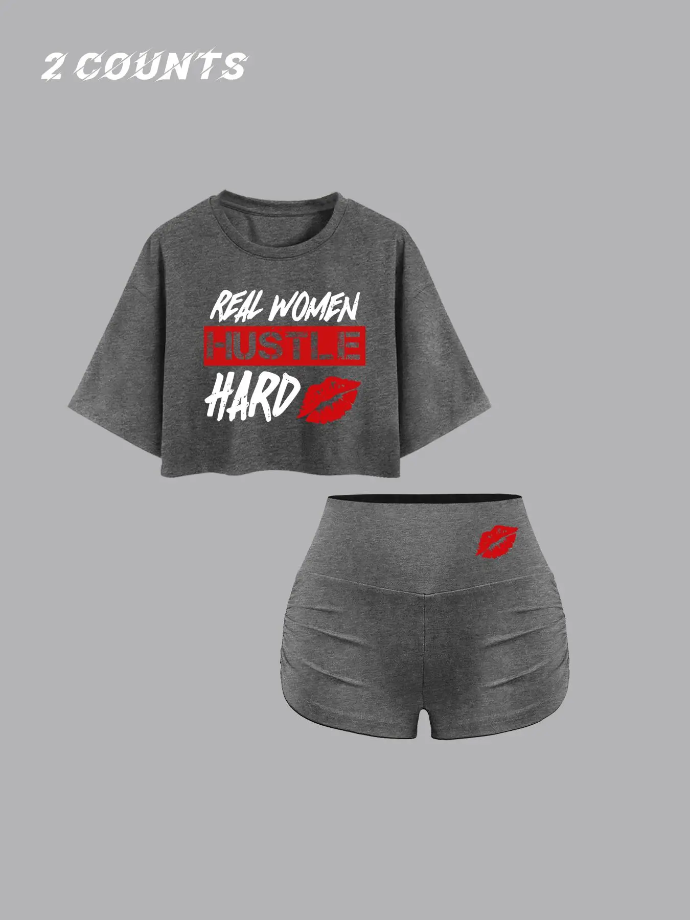 Women's Two-Piece Set, Letter Print Loose-Fit Crop Tee & Lip Print Skinny Shorts for Daily Outdoor Wear, Casual Round-Neck Short-Sleeve Summer Outfit, Womenswear