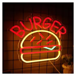 Sign Illuminated Burger Neon Signs For Wall Decor LED Light For Hamburger Restaurant Office Beer Display Windows Sign Illuminated