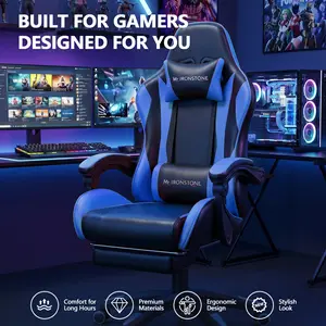 【Hot】Mr IRONSTONE Gaming Chair with Ergonomic Massage Computer Gaming Chair with Broaden Cusion and Footrest High Back Video Game Chair for Adults Kids Boyfriend Father's Gift, Blue Black and Red