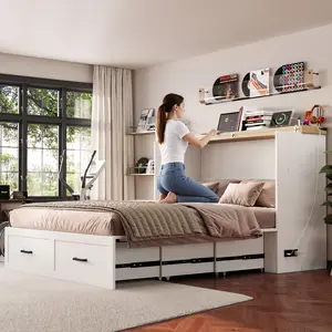 Queen Murphy Bed with Charging Station,Farmhouse Murphy Cabinet Bed with Large Storage Drawer,Hideaway Foldable Platform Bed for Guest Bedroom, Living Room, Small Room,Pull out Bed,Distressed White