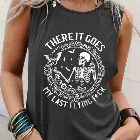 Women's Graphic Skeleton & Letter Print Round Neck Tank Top, Fashion Casual Crew Neck Sleeveless Top for Daily Holiday Vacation Outdoor Wear, Women Clothing for Summer, Graphic Sleeveless Shirts, Socks, Summer Tank Tops